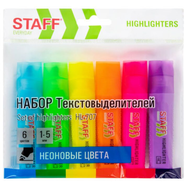 Изображение Набор текстовыделителей 6 НЕОНОВЫХ ЦВЕТОВ, STAFF "EVERYDAY HL-707", линия 1-5 мм, скошенный наконечник, 152550