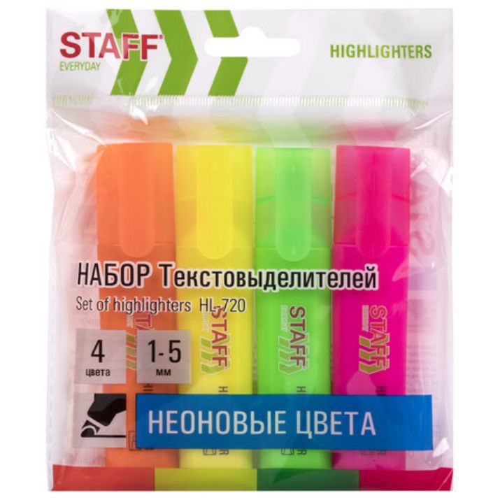 Изображение Набор текстовыделителей 4 НЕОНОВЫХ ЦВЕТА, STAFF "EVERYDAY HL-720", линия 1-5 мм, скошенный наконечник, 152555