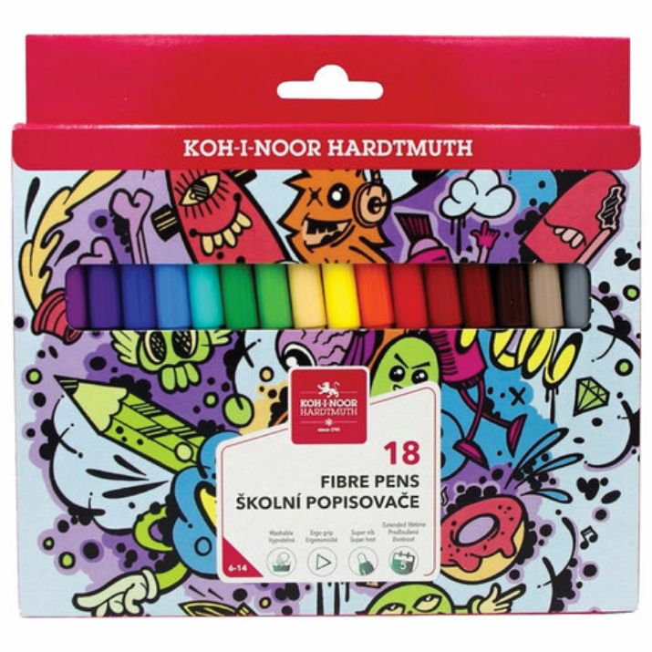 Изображение Фломастеры KOH-I-NOOR "TEENAGE" 1002, 18 цветов, смываемые, картонная упаковка, европодвес, 771002AH23KS