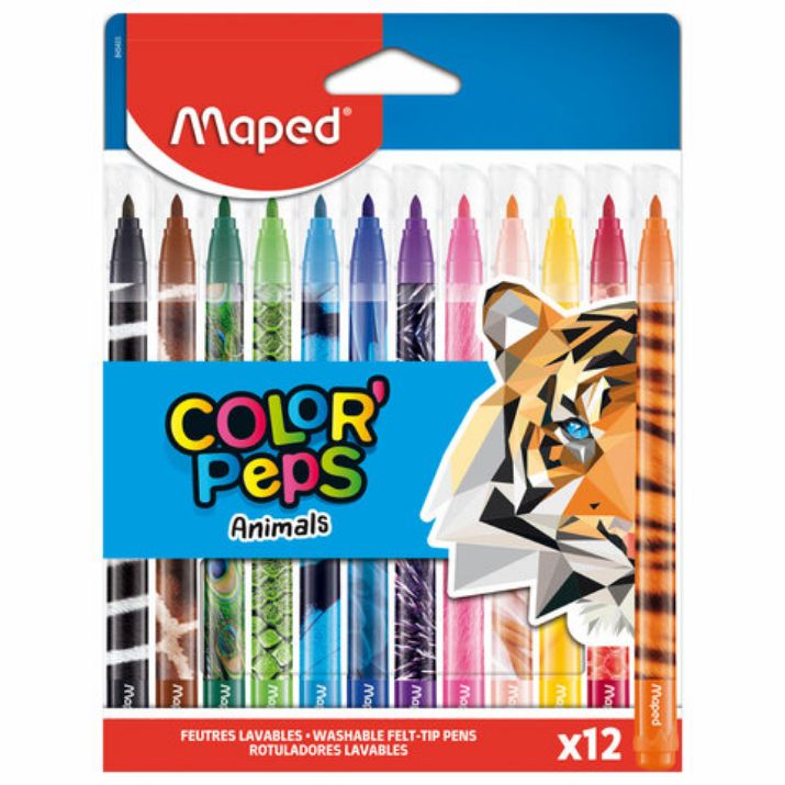 Изображение Фломастеры MAPED (Франция) "Animals" 12 цветов, смываемые, вентилируемый колпачок, 845403
