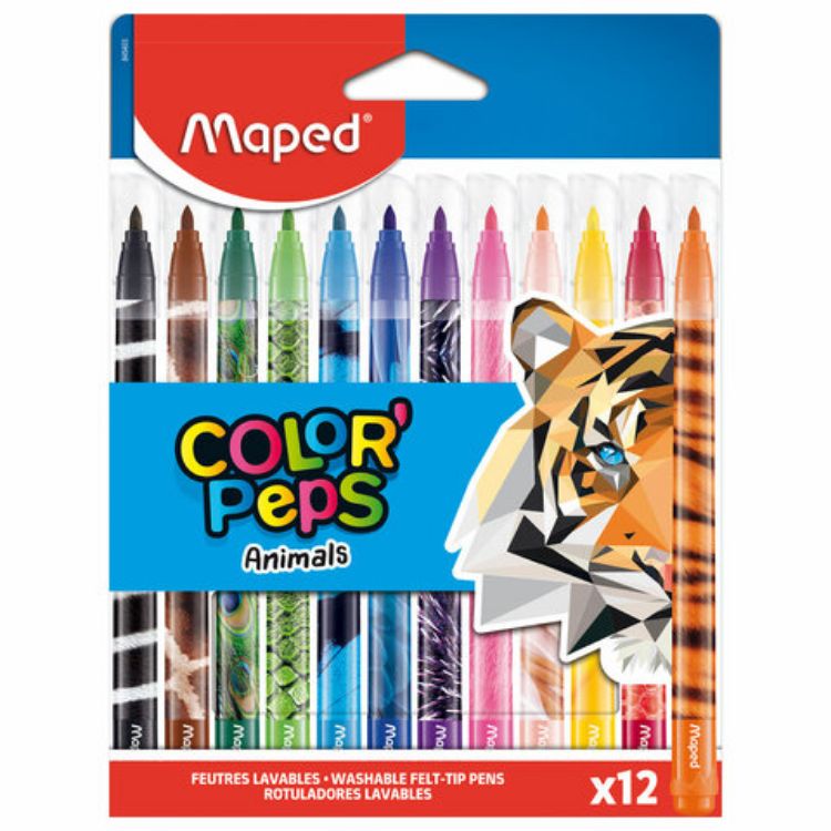 Изображение Фломастеры MAPED (Франция) "Animals" 12 цветов, смываемые, вентилируемый колпачок, 845403
