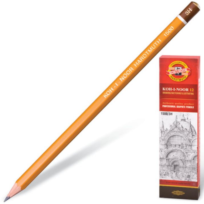 Изображение Карандаш чернографитный KOH-I-NOOR 1500, 1 шт., 3H, корпус желтый, заточенный, 150003H01170RU