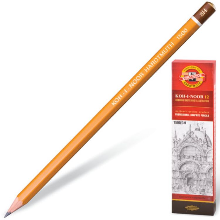 Изображение Карандаш чернографитный KOH-I-NOOR 1500, 1 шт., 3H, корпус желтый, заточенный, 150003H01170RU