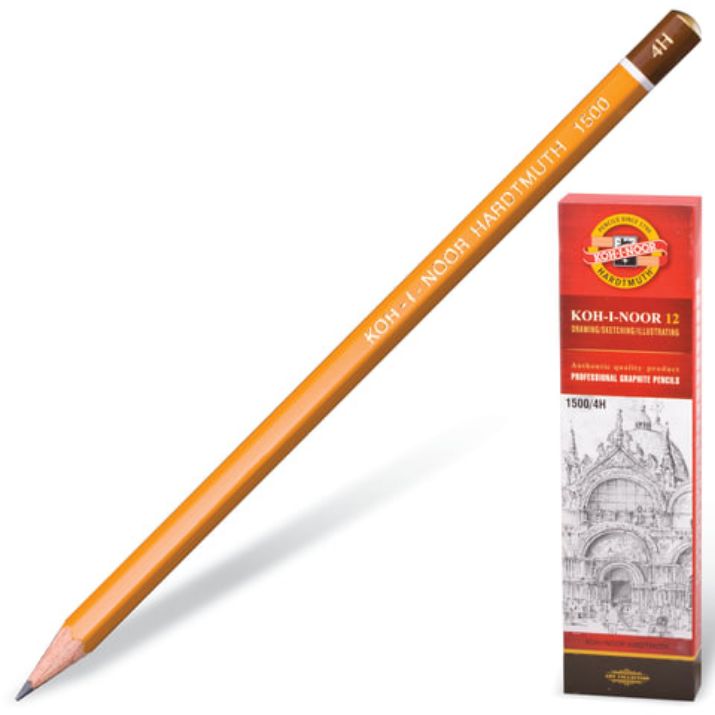Изображение Карандаш чернографитный KOH-I-NOOR 1500, 1 шт., 4H, корпус желтый, заточенный, 150004H01170