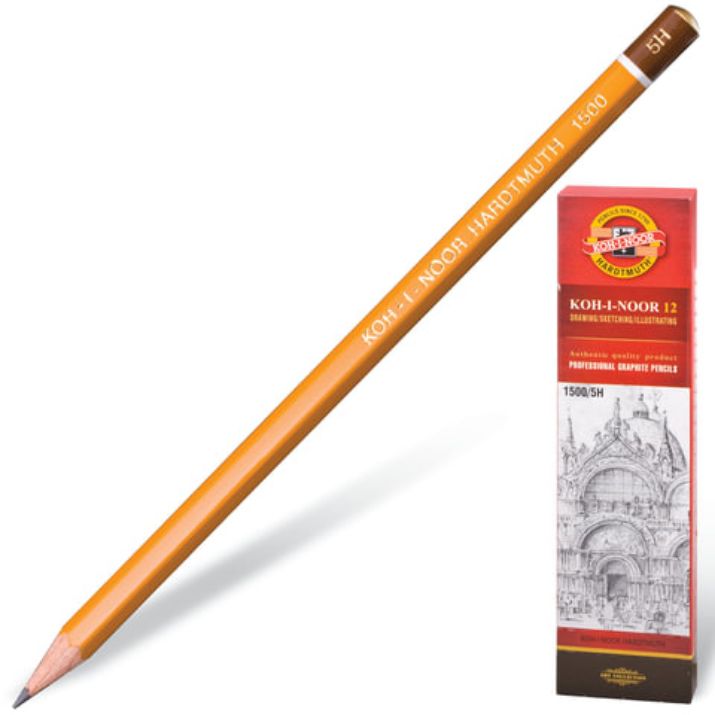 Изображение Карандаш чернографитный KOH-I-NOOR 1500, 1 шт., 5H, корпус желтый, заточенный, 150005H01170