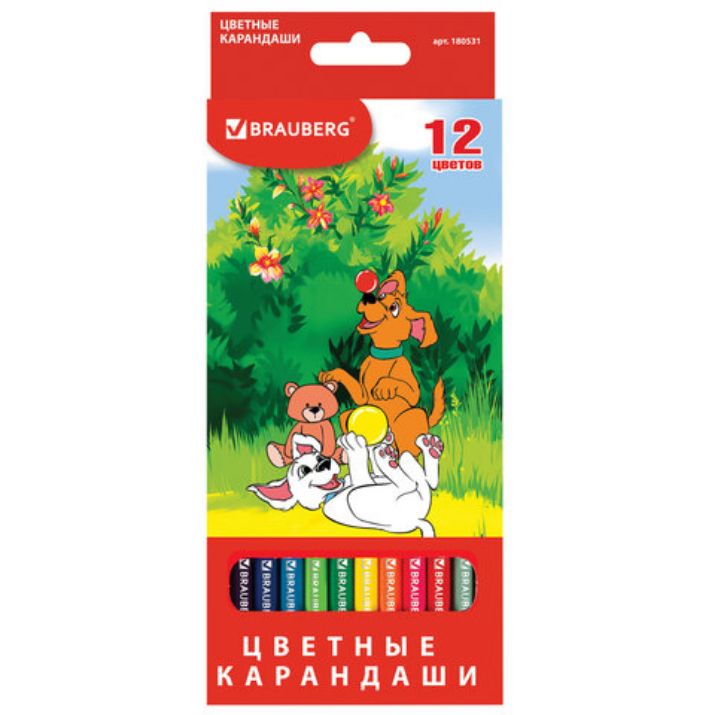 Изображение Карандаши цветные BRAUBERG "My lovely dogs", 12 цветов, шестигранные, грифель 3 мм, натуральное дерево, 180531