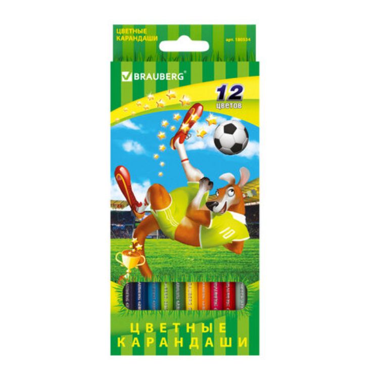 Изображение Карандаши цветные BRAUBERG "Football match", 12 цветов, шестигранные, грифель 3 мм, натуральное дерево, 180534