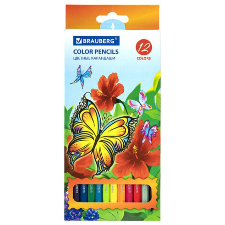 Изображение Карандаши цветные BRAUBERG "Wonderful butterfly", 12 цв, шестигранные, грифель 3 мм, натуральное дерево, 180535