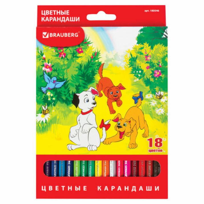 Изображение Карандаши цветные BRAUBERG "My lovely dogs", 18 цветов, шестигранные, грифель 3 мм, натуральное дерево, 180546