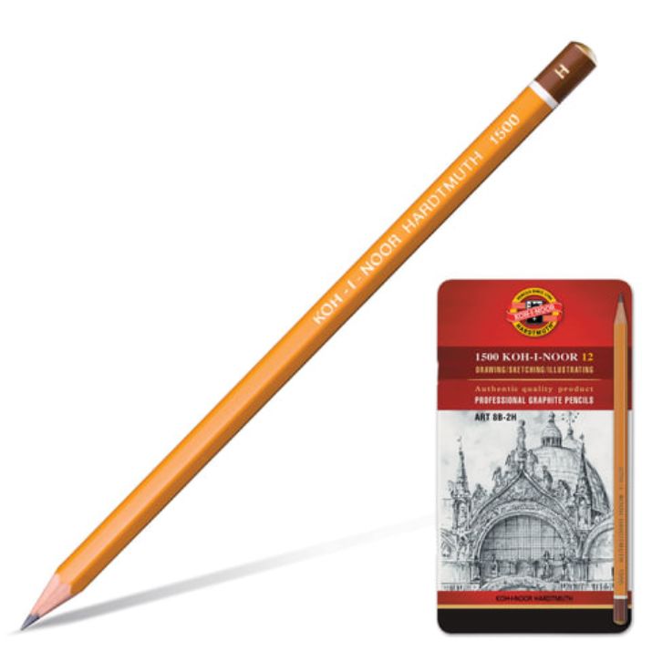Изображение Карандаши чернографитные KOH-I-NOOR, НАБОР 12 шт., "Art", 8В-2H, без резинки, металлическая коробка, 1502012008PL