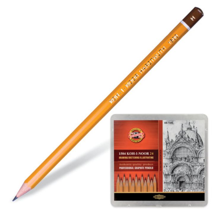 Изображение Карандаши чернографитные KOH-I-NOOR 1500, НАБОР 24 шт., 8В-10H, без резинки, металлическая коробка, 1504024001PL