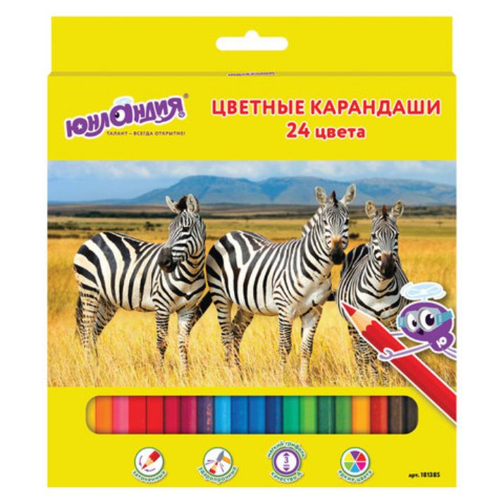 Изображение Карандаши цветные ЮНЛАНДИЯ "МИР ЖИВОТНЫХ", 24 цвета, шестигранные, грифель 3 мм, натуральное дерево, 181385