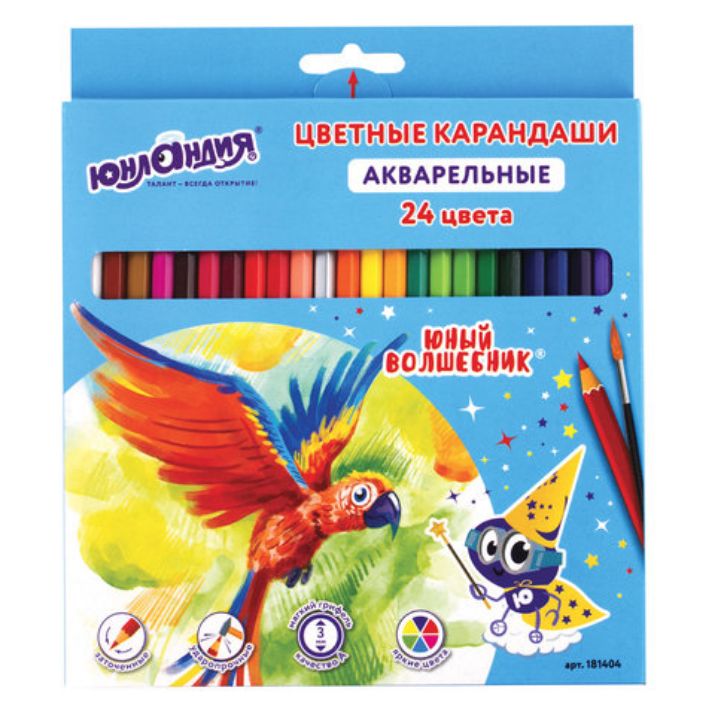 Изображение Карандаши цветные акварельные ЮНЛАНДИЯ "ЮНЫЙ ВОЛШЕБНИК", 24 цвета, шестигранные, грифель 3 мм, натуральное дерево, 181404