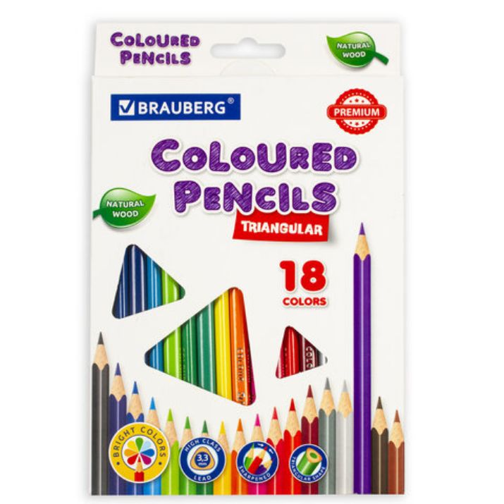 Изображение Карандаши цветные BRAUBERG PREMIUM, 18 цветов, трехгранные, грифель 3,3 мм, натуральное дерево, 181652