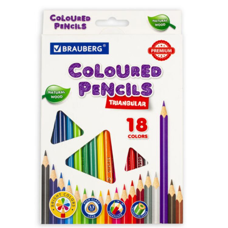 Изображение Карандаши цветные BRAUBERG PREMIUM, 18 цветов, трехгранные, грифель 3,3 мм, натуральное дерево, 181652
