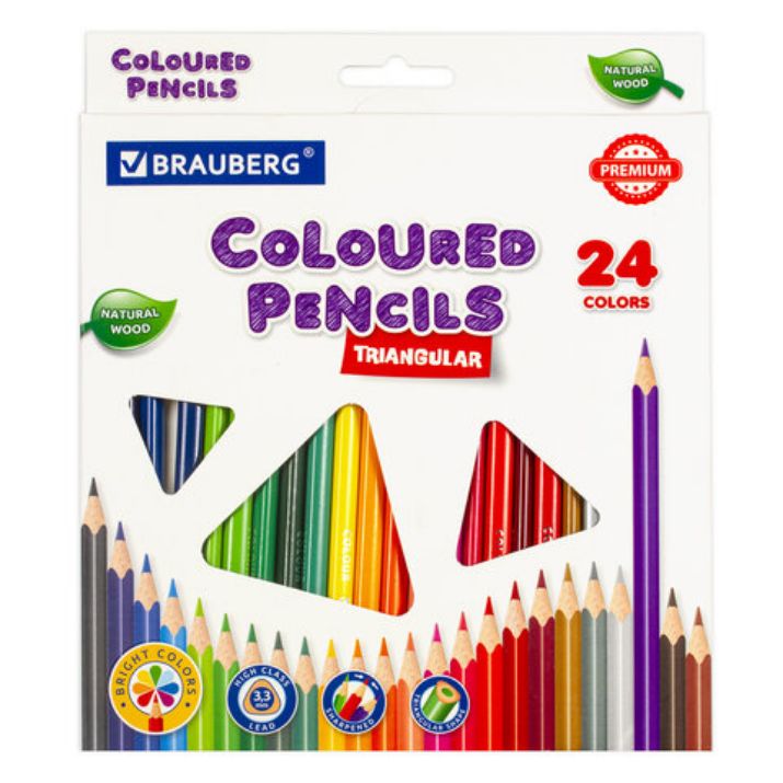 Изображение Карандаши цветные BRAUBERG PREMIUM, 24 цвета, трехгранные, грифель 3,3 мм, натуральное дерево, 181653