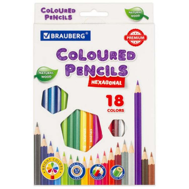 Изображение Карандаши цветные BRAUBERG PREMIUM, 18 цветов, шестигранные, грифель 3,3 мм, натуральное дерево, 181657