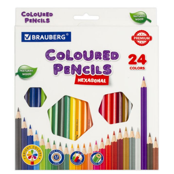 Изображение Карандаши цветные BRAUBERG PREMIUM, 24 цвета, шестигранные, грифель 3,3 мм, натуральное дерево, 181658