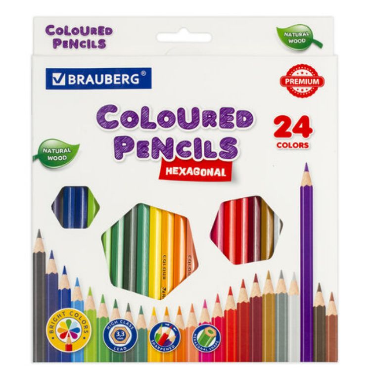 Изображение Карандаши цветные BRAUBERG PREMIUM, 24 цвета, шестигранные, грифель 3,3 мм, натуральное дерево, 181658