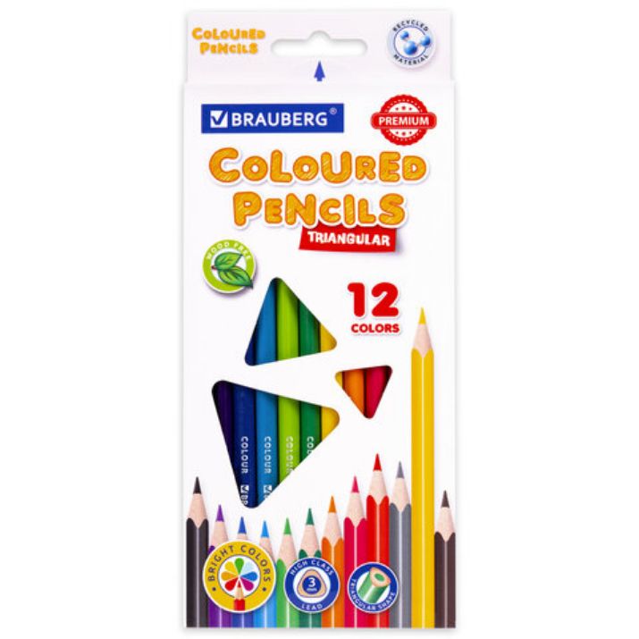 Изображение Карандаши цветные BRAUBERG PREMIUM, 12 цветов, трехгранные, грифель 3 мм, 181661