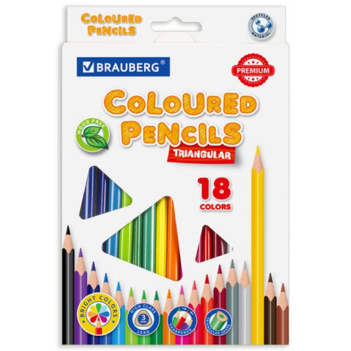 Изображение Карандаши цветные BRAUBERG PREMIUM, 18 цветов, трехгранные, грифель 3 мм, 181662