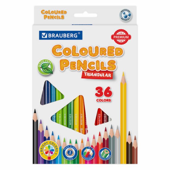 Изображение Карандаши цветные BRAUBERG PREMIUM, 36 цветов, трехгранные, грифель 3 мм, 181664