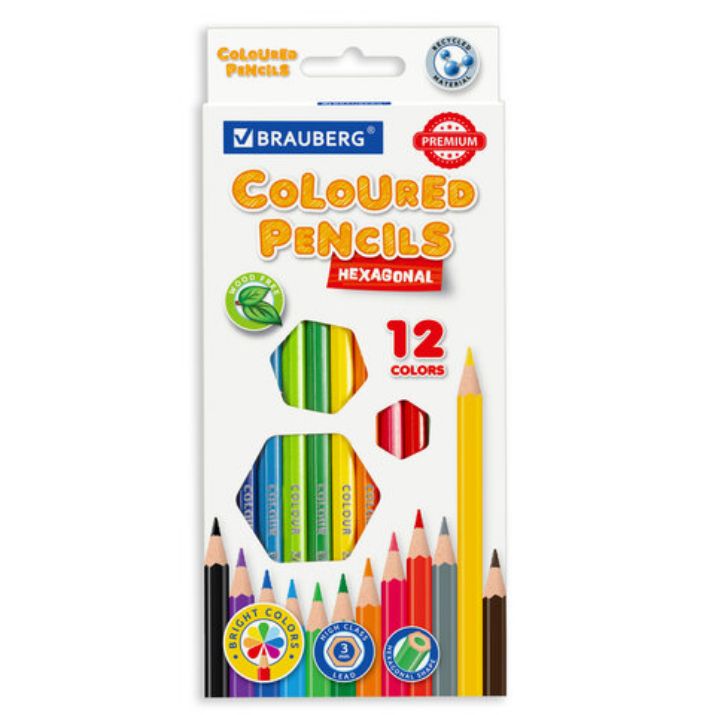 Изображение Карандаши цветные BRAUBERG PREMIUM, 12 цветов, шестигранные, грифель 3 мм, 181666