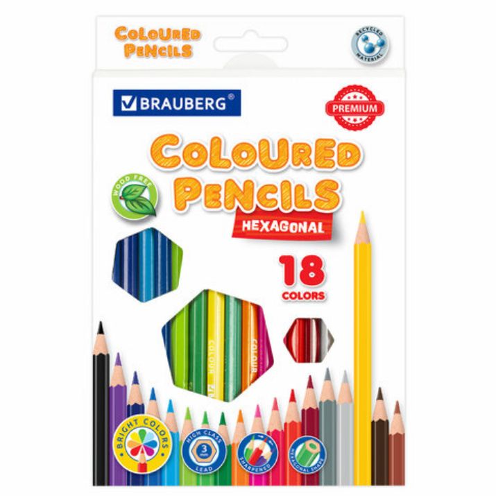 Изображение Карандаши цветные BRAUBERG PREMIUM, 18 цветов, шестигранные, грифель 3 мм, 181667