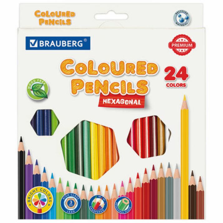Изображение Карандаши цветные BRAUBERG PREMIUM, 24 цвета, шестигранные, грифель 3 мм, 181668