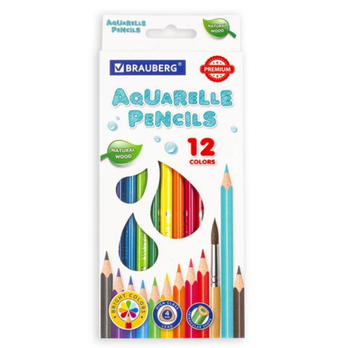 Изображение Карандаши цветные акварельные BRAUBERG PREMIUM AQUARELLE, 12 цветов, трехгранные, утолщенный грифель 4 мм, натуральное дерево, 181671