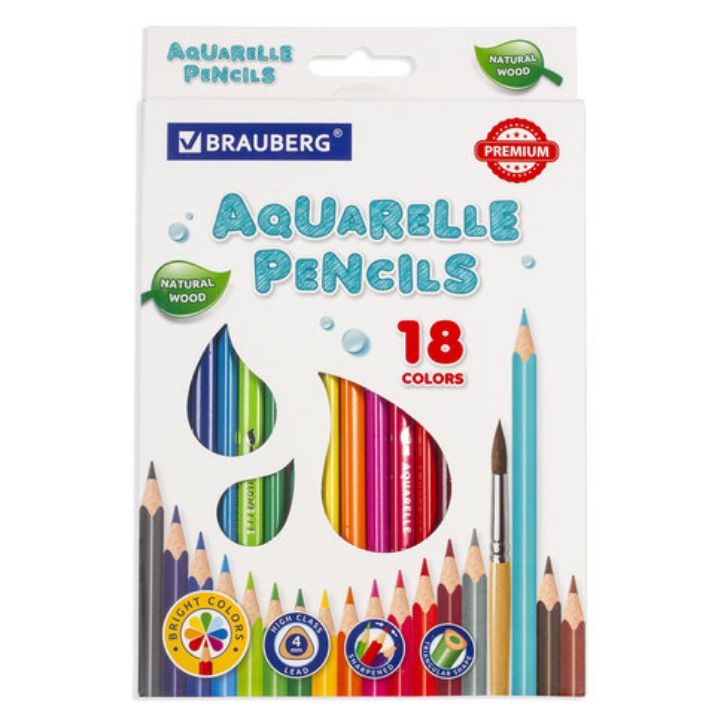 Изображение Карандаши цветные акварельные BRAUBERG PREMIUM AQUARELLE, 18 цветов, трехгранные, утолщенный грифель 4 мм, натуральное дерево, 181672