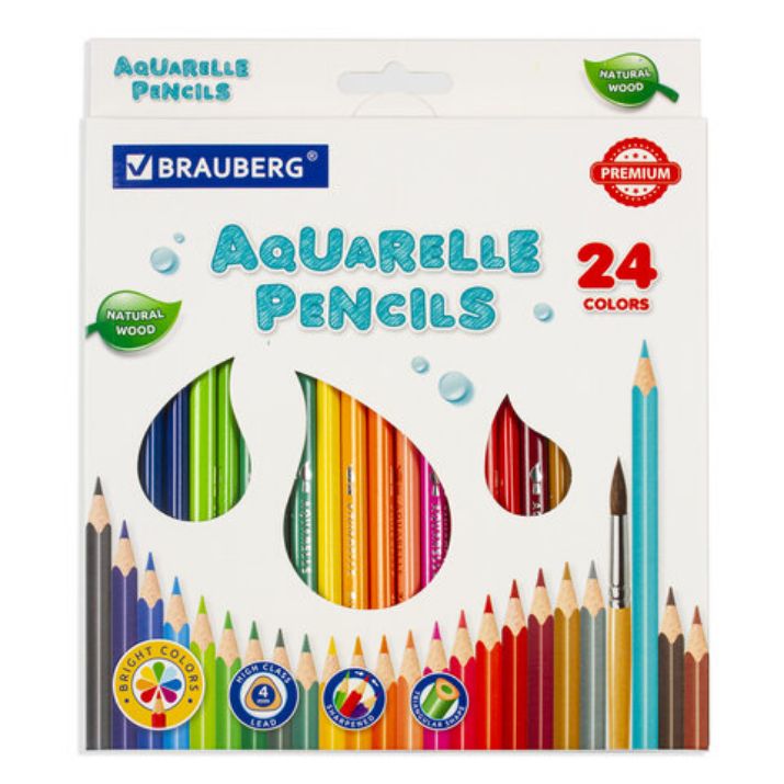 Изображение Карандаши цветные акварельные BRAUBERG PREMIUM AQUARELLE, 24 цвета, трехгранные, утолщенный грифель 4 мм, натуральное дерево, 181673