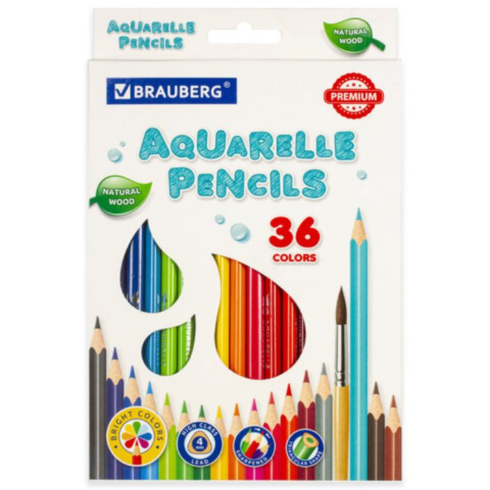 Изображение Карандаши цветные акварельные BRAUBERG PREMIUM AQUARELLE, 36 цветов, трехгранные, утолщенный грифель 4 мм, натуральное дерево, 181674
