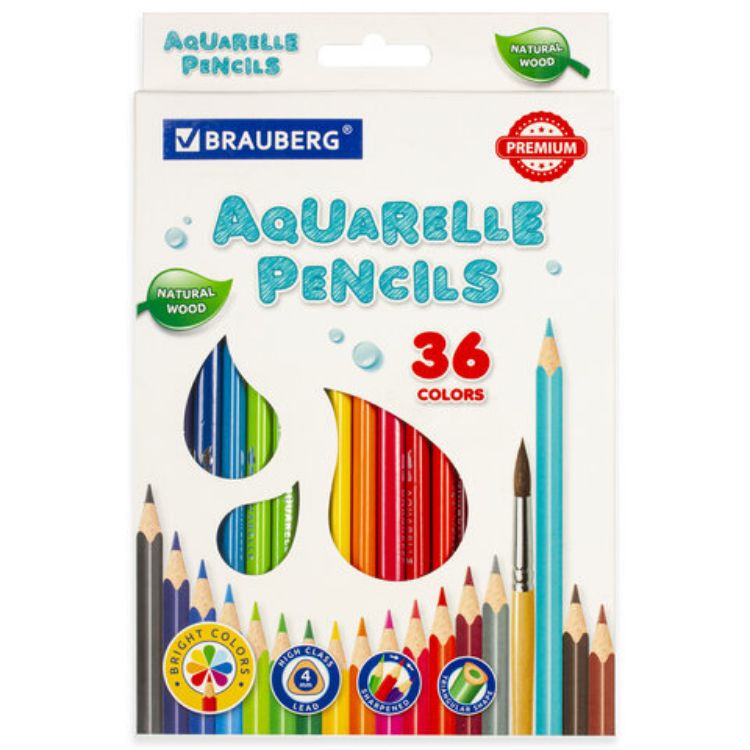 Изображение Карандаши цветные акварельные BRAUBERG PREMIUM AQUARELLE, 36 цветов, трехгранные, утолщенный грифель 4 мм, натуральное дерево, 181674