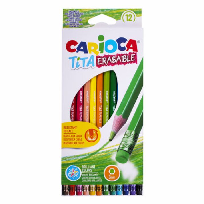 Изображение Карандаши цветные стираемые с резинкой CARIOCA "Erasable", 12 цветов, шестигранные, грифель 3 мм, 42897