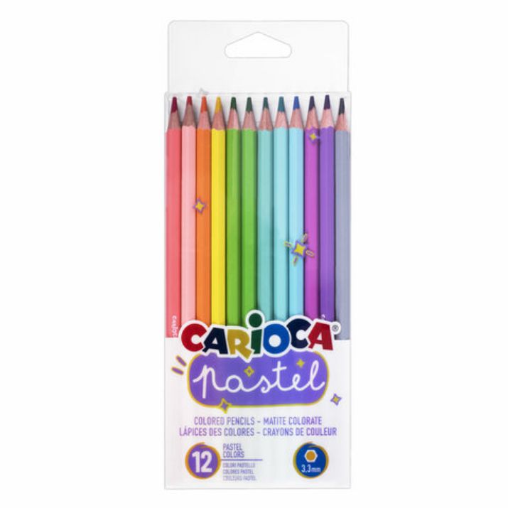 Изображение Карандаши цветные пастельные CARIOCA "Pastel", 12 цветов, ПВХ-чехол, шестигранные, грифель 3,3 мм, натуральное дерево, 43034