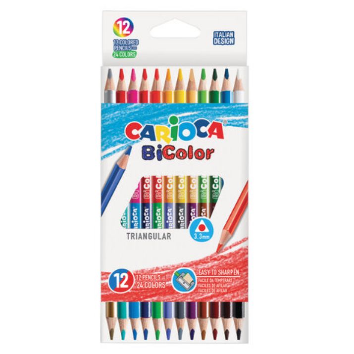 Изображение Карандаши двусторонние CARIOCA "Bi-color", 12 штук, 24 цвета, трехгранные, грифель 3 мм, натуральное дерево, 42991
