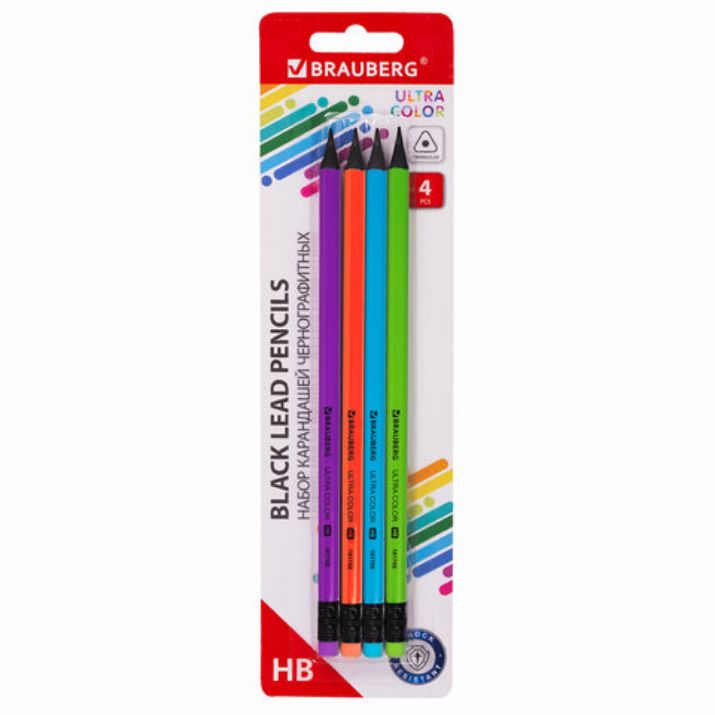 Изображение Набор карандашей чернографитных BRAUBERG "ULTRA COLOR" 4 шт., HB, с ластиком, пластиковые, 181709