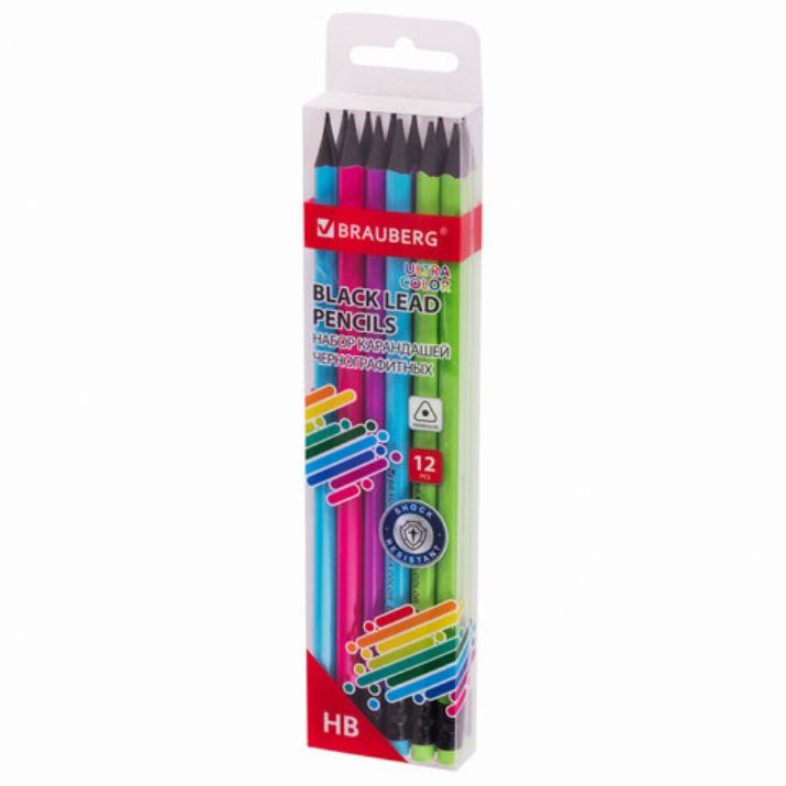 Изображение Набор карандашей чернографитных BRAUBERG "ULTRA COLOR" 12 шт., HB, с ластиком, пластиковые, 181710