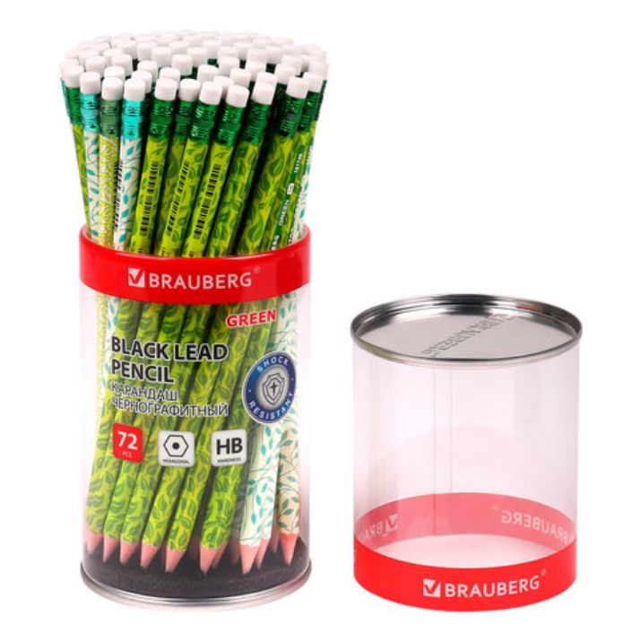 Изображение Карандаш чернографитный BRAUBERG "GREEN", 1 шт., HB, с ластиком, пластиковый, ассорти, 181746