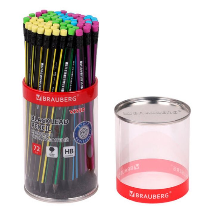Изображение Карандаш чернографитный BRAUBERG "VIVID", 1 шт., HB, с ластиком, корпус ассорти, 181756