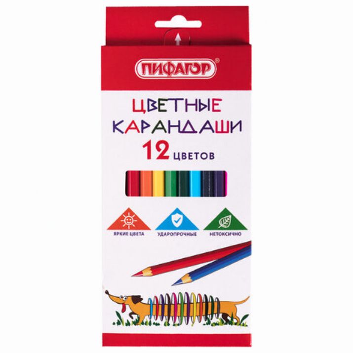 Изображение Карандаши цветные ПИФАГОР "Веселая такса", 12 цветов, шестигранные, натуральное дерево, 181806