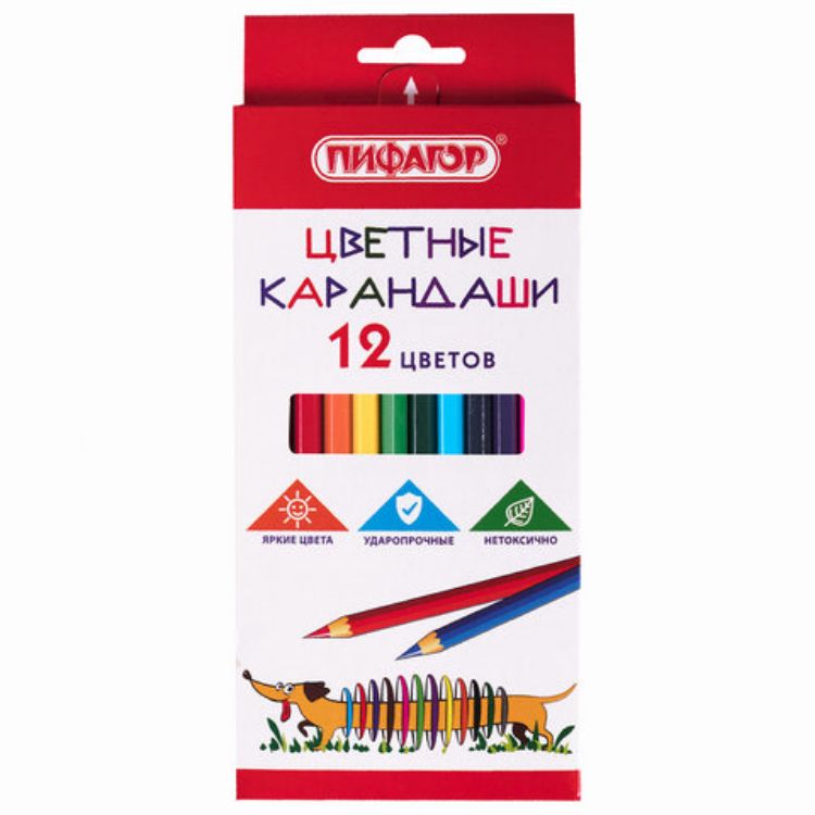 Изображение Карандаши цветные ПИФАГОР "Веселая такса", 12 цветов, шестигранные, натуральное дерево, 181806