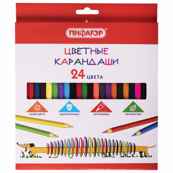 Изображение Карандаши цветные ПИФАГОР "Веселая такса", 24 цвета, шестигранные, натуральное дерево, 181808