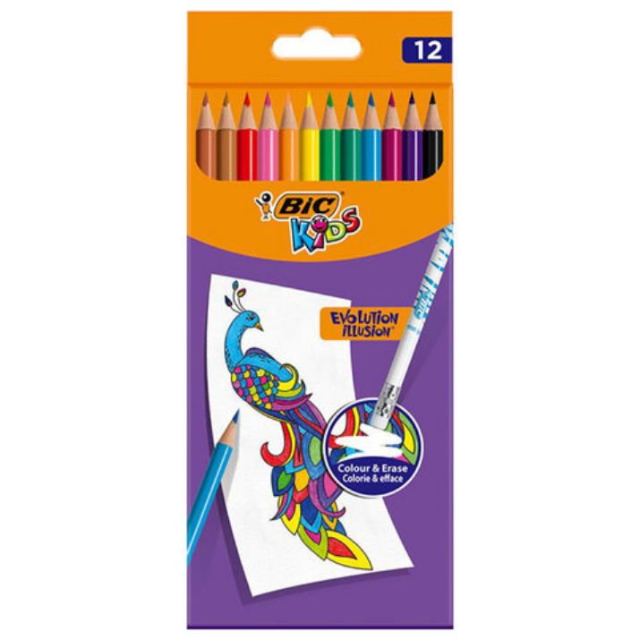 Изображение Карандаши цветные стираемые с ластиком BIC "Kids Evolution Illusion", 12 цветов, круглые, 987868 