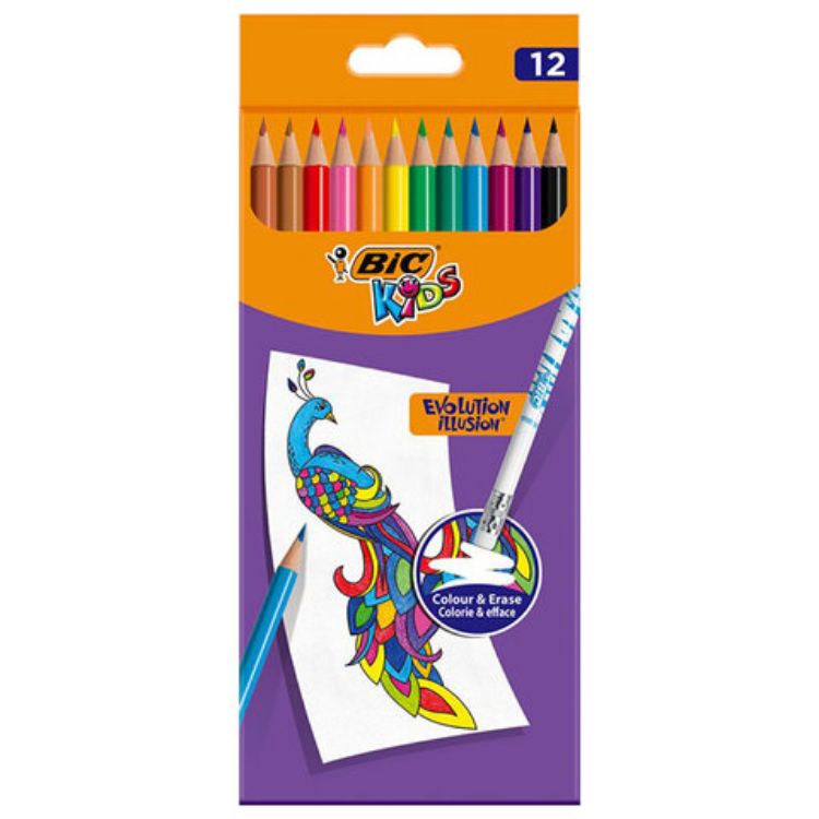 Изображение Карандаши цветные стираемые с ластиком BIC "Kids Evolution Illusion", 12 цветов, круглые, 987868 