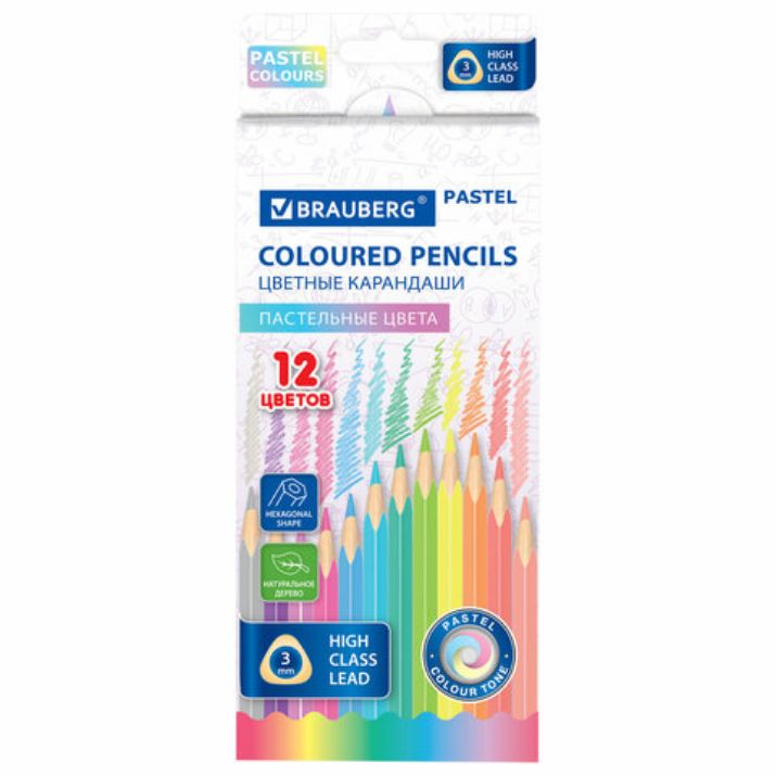 Изображение Карандаши цветные BRAUBERG PASTEL, 12 пастельных цветов, трехгранные, грифель 3 мм, натуральное дерево, 181850