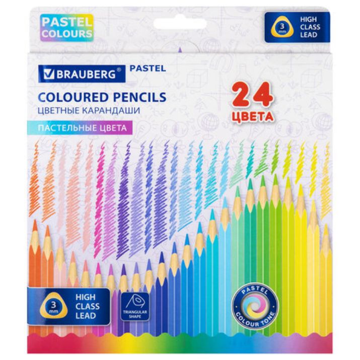 Изображение Карандаши цветные BRAUBERG PASTEL, 24 пастельных цвета, трехгранные, грифель 3 мм, натуральное дерево, 181851