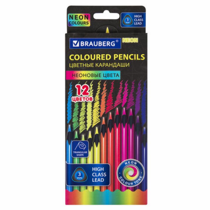 Изображение Карандаши цветные BRAUBERG NEON, 12 неоновых цветов, трехгранные, грифель 3 мм, черное дерево, 181852
