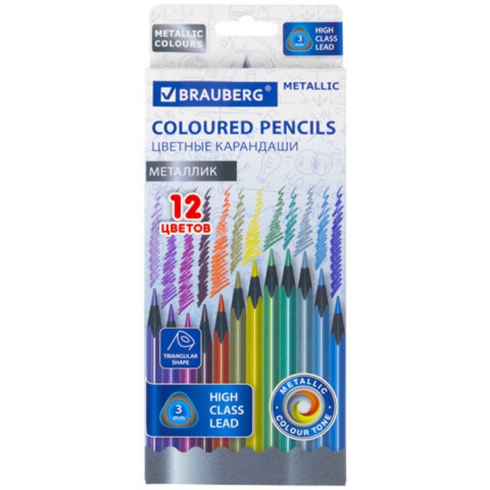 Изображение Карандаши цветные BRAUBERG METALLIC, 12 цветов металлик, трехгранные, грифель 3 мм, черное дерево, 181853